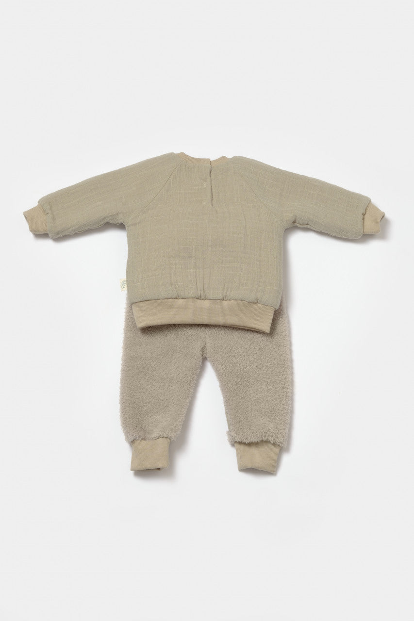 Set bluza cu buzunar si pantaloni Ursulet, Winter muselin, 100% bumbac dublat - , BabyCosy